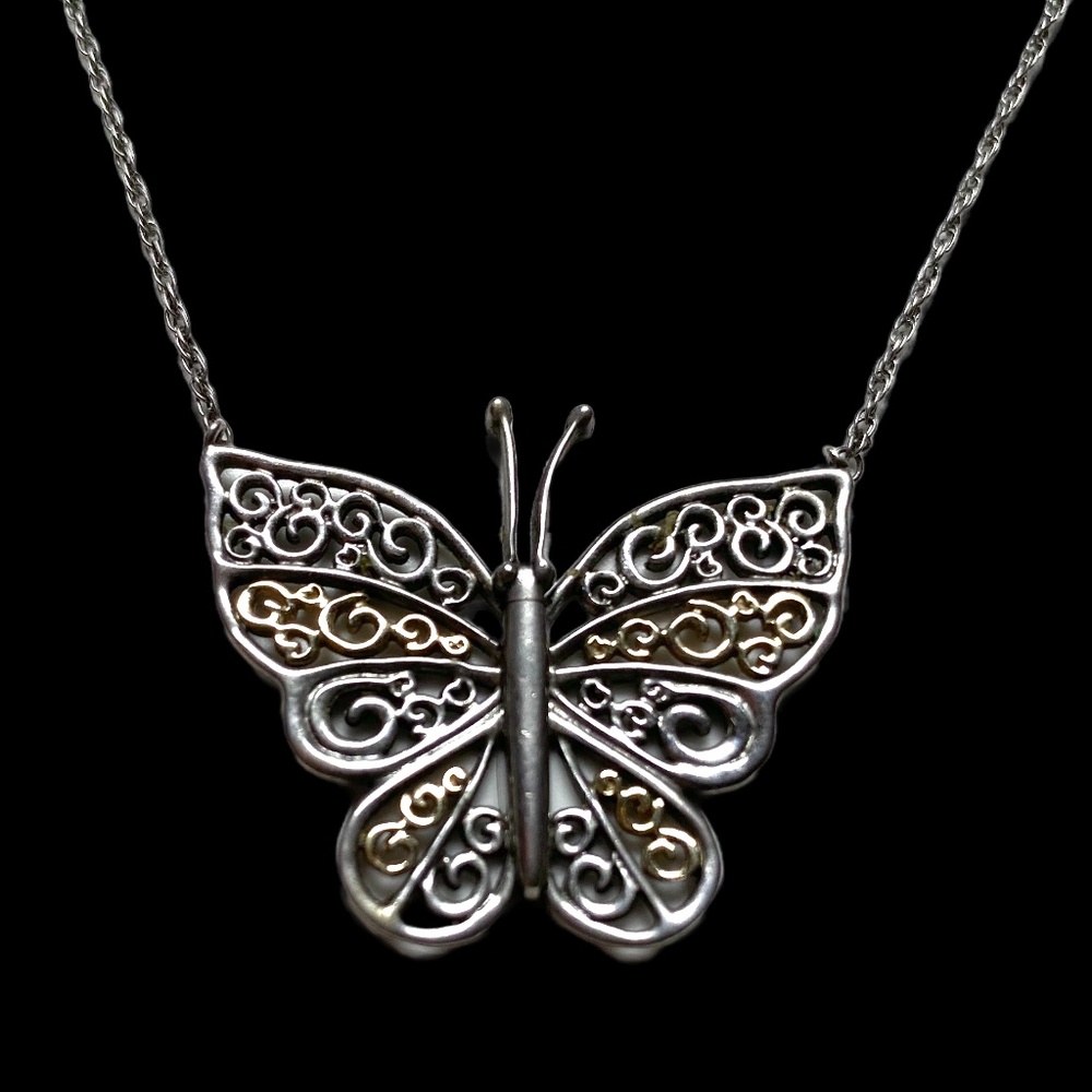 10 K Gold Over Sterling Silver Filagree Butterfly Necklace - Picture 2 of 7